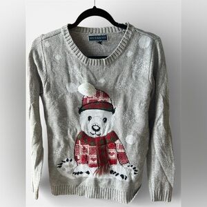 Karen Scott Festive Gray Sweater with Bear Design
